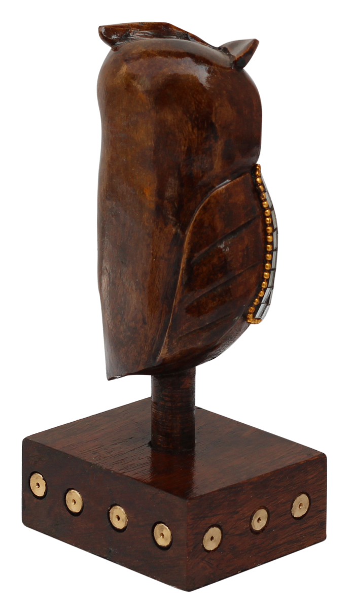 Wholesale Owl Figurine - Buy in Bulk 5.5” Hand-Crafted Wood Owl Statue Sitting on a Stand Enhanced with Mirror Work - Home & Office Decor Sculpture from India