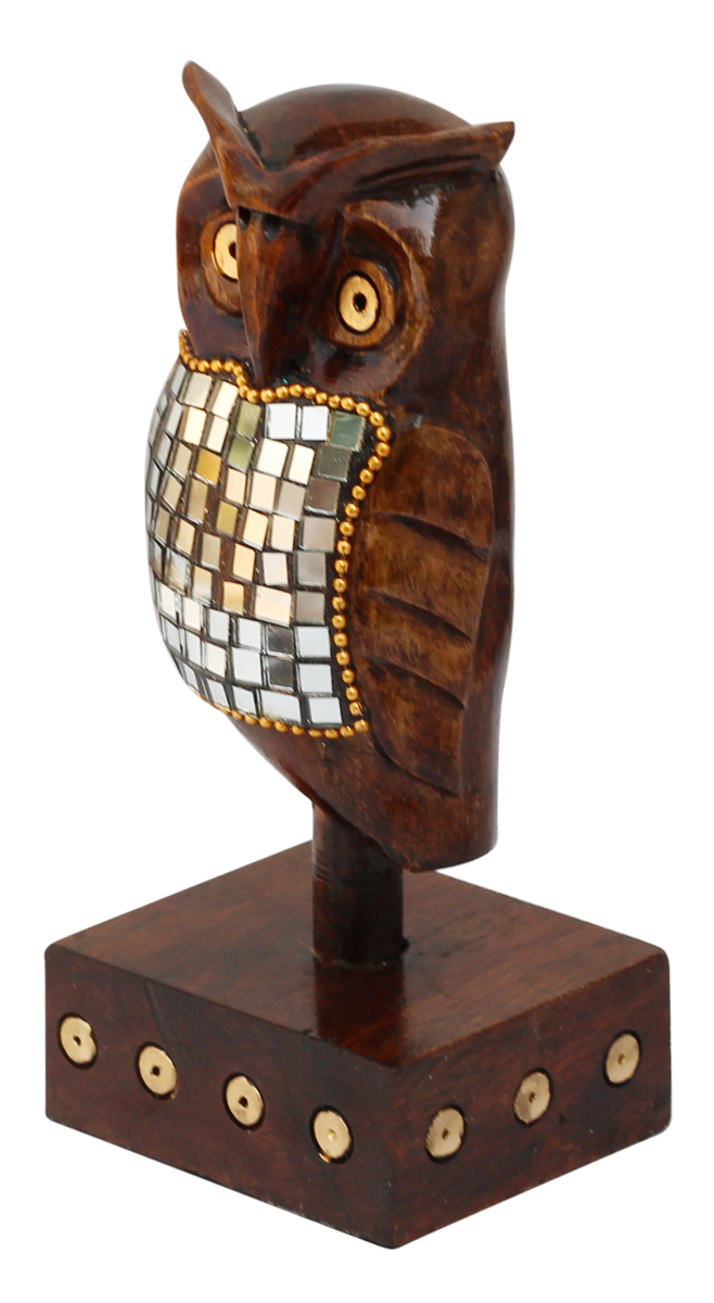 Wholesale Owl Figurine - Buy in Bulk 5.5” Hand-Crafted Wood Owl Statue Sitting on a Stand Enhanced with Mirror Work - Home & Office Decor Sculpture from India