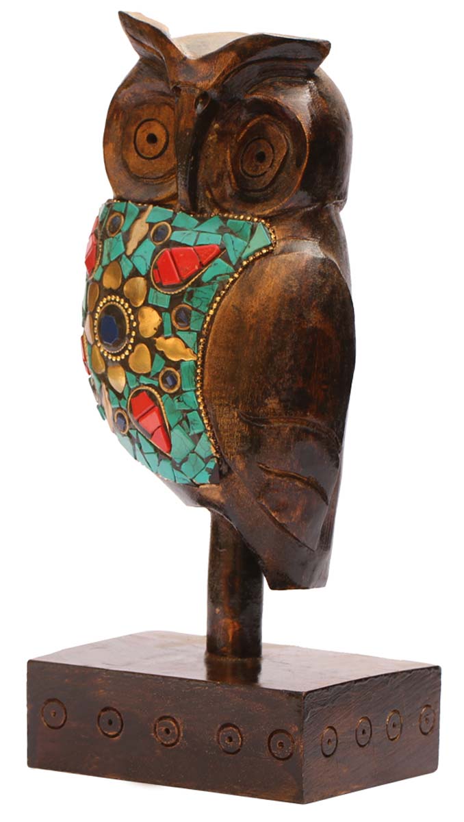 Wholesale 10” Owl Figurine in Bulk - Source Hand Carved Wood Owl Statue Sitting on a Stand Enhanced with Brass Inlay and Green Stone Work - Home & Office Decor from India