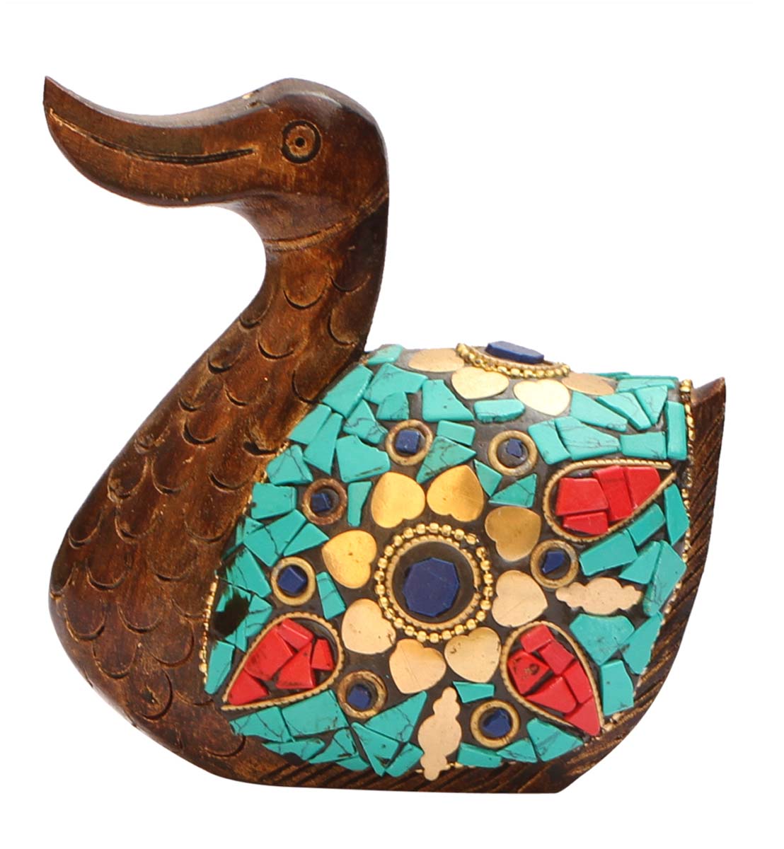 Wholesale 5” Duck Figurine - Buy in Bulk Handcrafted Wood Duck Figurine/Statue of with Brass Inlay and Green Stone Work - Old Indian Art - Unique Animal Decor Sculpture