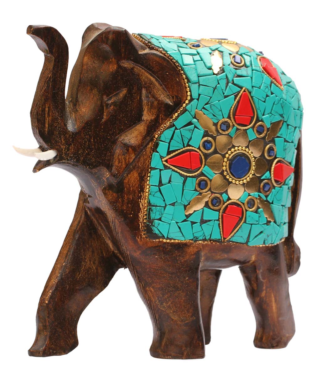 Wholesale 6” Trunk-Up Elephant Figurine - Buy in Bulk Handcrafted Wood Elephant Figurine/Statue of with Brass Inlay and Green Stone Work - Old Indian Art - Unique Animal Decor Sculpture