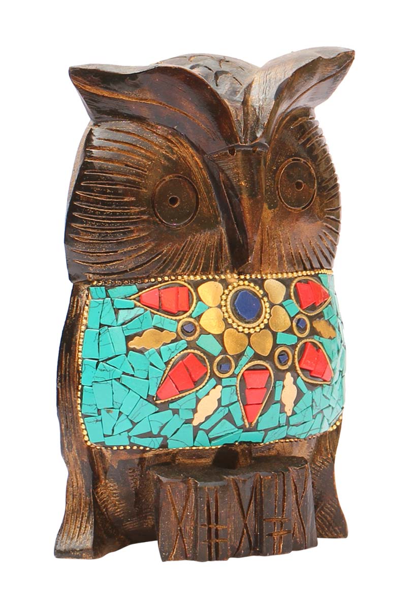 Wholesale Owl Figurine - Buy in Bulk 5” Hand Carved Wood Owl Statue Enhanced with Brass Inlay and Green Stone Work - Home & Office Decor from India