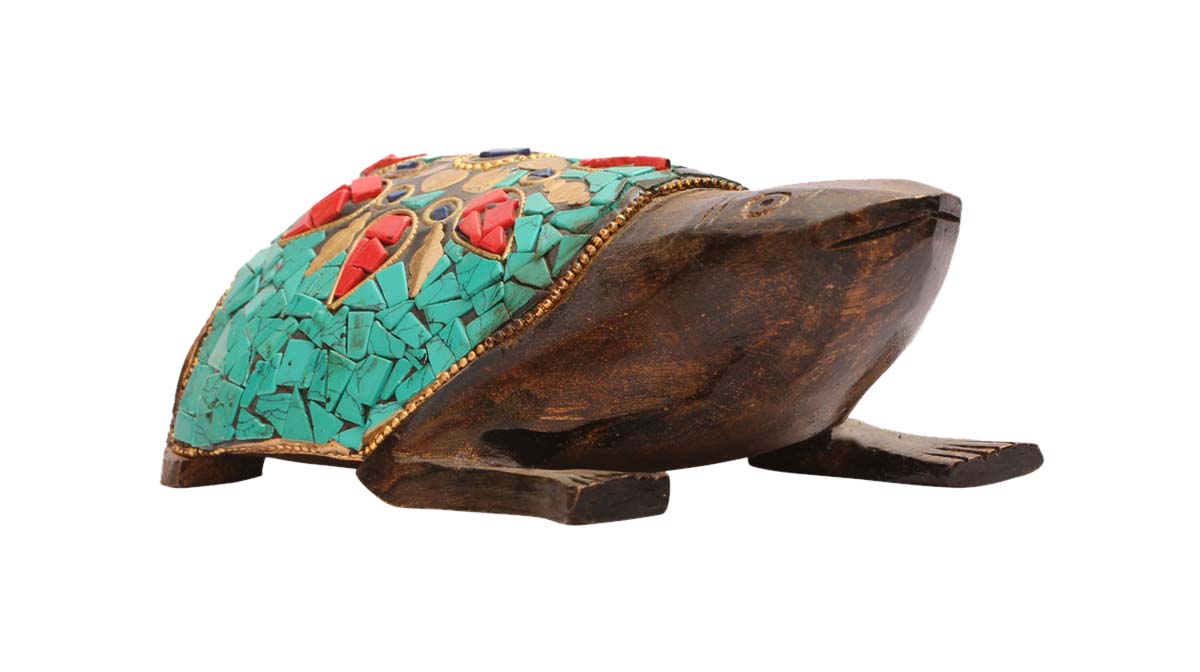 Wholesale 5.2” Frog Figurine/Sculpture in Bulk - Handcrafted Wood Frog Figurine/Statue of with Brass Inlay and Green Stone Work - Old Indian Art - Unique Animal Decor Sculpture