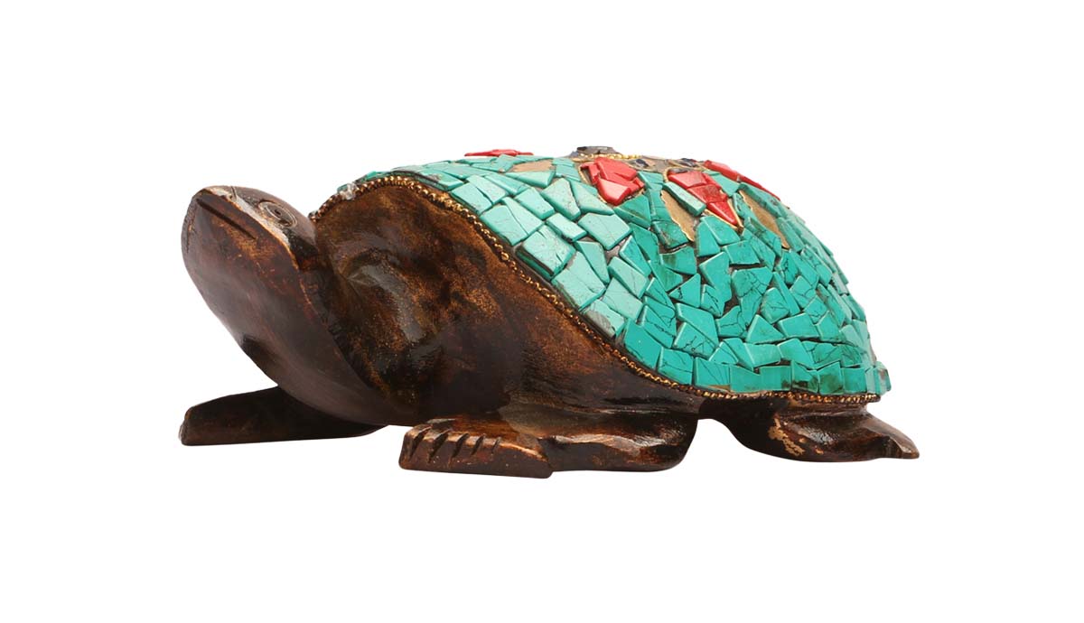 Wholesale 2.1” Tortoise Figurine/Sculpture in Bulk - Handcrafted Wood Turtle Figurine/Statue of with Brass Inlay and Green Stone Work - Old Indian Art - Unique Animal Decor Sculpture