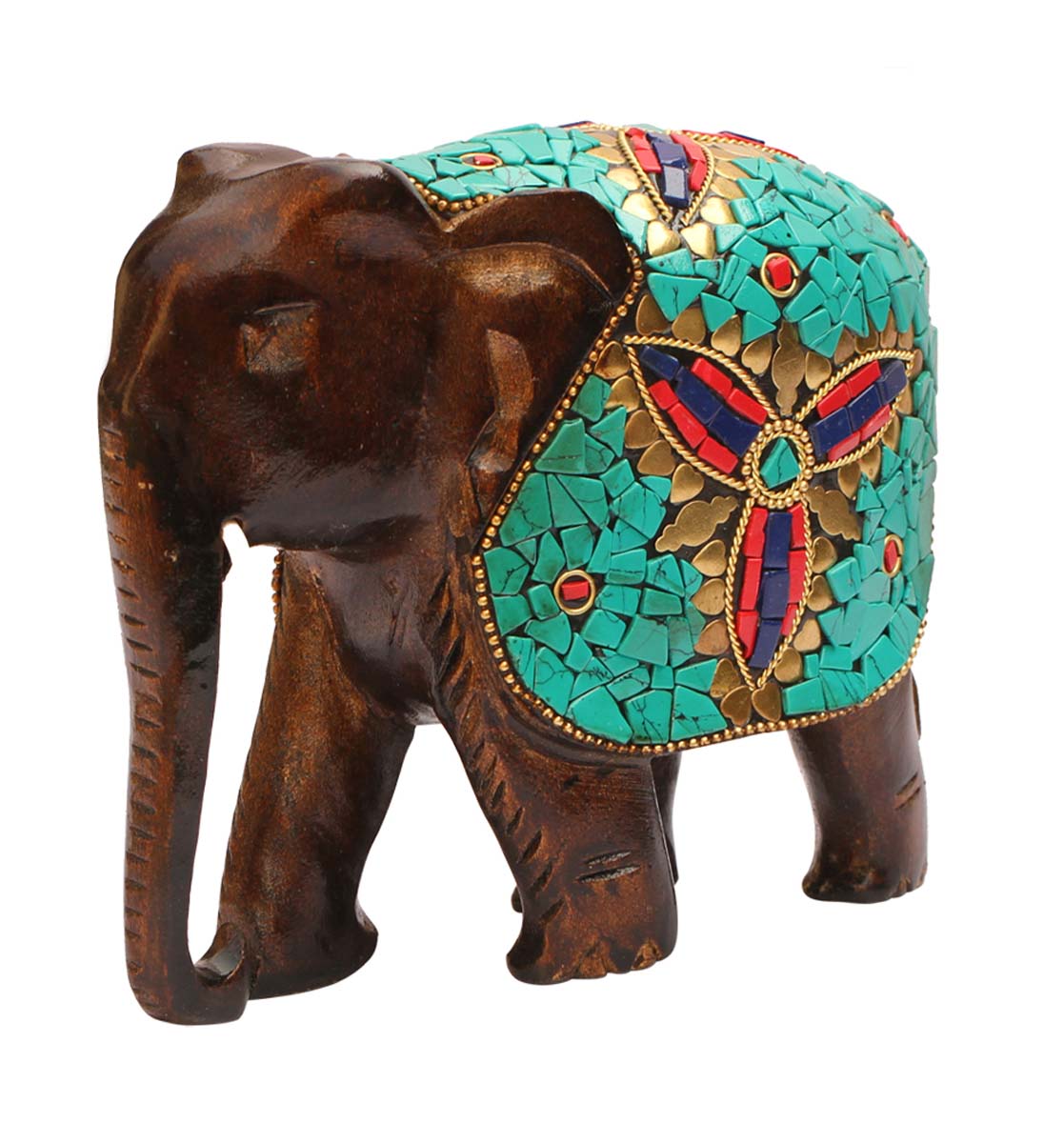 Wholesale Elephant Figurine in Bulk - Source 3.6” Handcrafted Wood Elephant Figurine/Statue of with Brass Inlay and Green Stone Work - Old Indian Art - Unique Animal Decor Sculpture