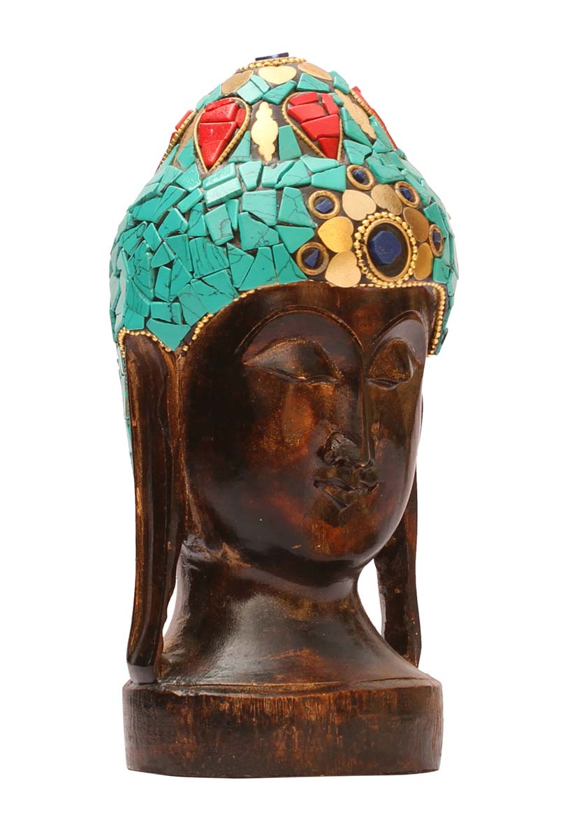 Bulk Buy 4.2” Lord Buddha Face Figurine - Wholesale Hand Carved Wood Buddha Statue with Brass Inlay and Green Stone Work - Home & Office Decor from India