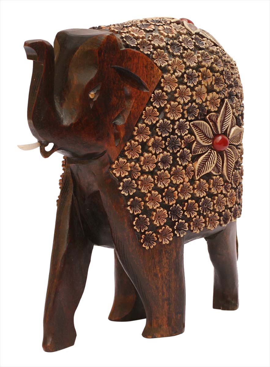 Wholesale Trunk-Up Elephant Figurine/Statue - Buy in Bulk Handmade 3.4” Wood Elephant Sculpture with Acrylic Inlay and Red Stone Work - Old Indian Art - Home & Office Decor