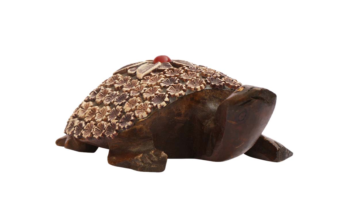 Wholesale 6.4" Tortoise Figurine/Statue - Buy in Bulk Handmade Wood Turtle Sculpture with Acrylic Inlay and Red Stone Work - Old Indian Art - Home & Office Decor