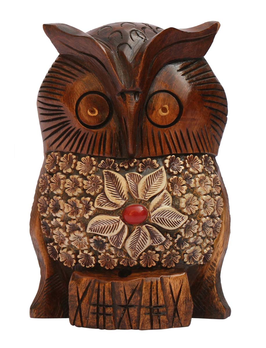 Wholesale Owl Figurine - Buy in Bulk 2.6” Hand-Crafted Wood Owl Statue with Acrylic Inlay and Red Stone Work - Home & Office Decor Sculpture from India