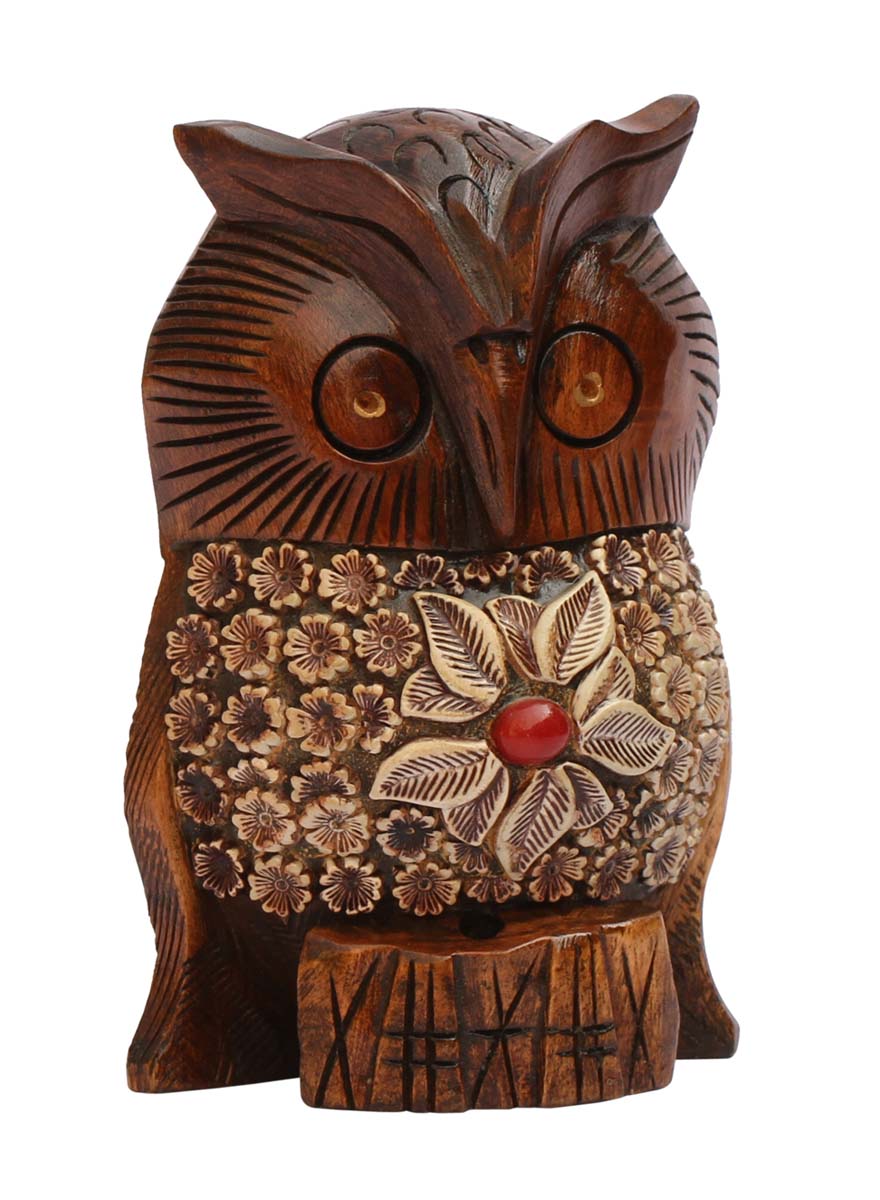 Bulk Buy 3.4” Owl Figurine - Wholesale Hand Carved Wooden Owl Statue Enhanced with Acrylic Inlay and Red Stone Work - Home & Office Decor from India
