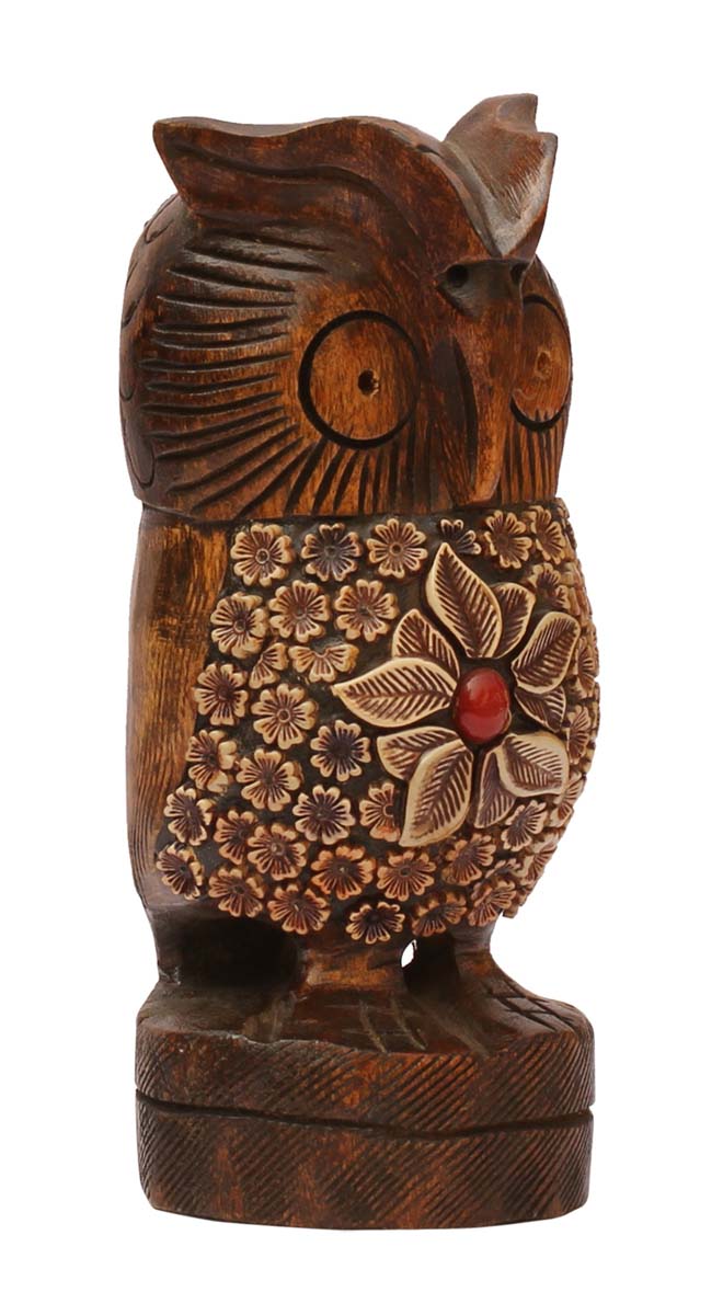 Wholesale 4” Owl Figurine in Bulk - Source Hand Carved Wooden Owl Statue Enhanced with Acrylic Inlay and Red Stone Work - Home & Office Decor from India