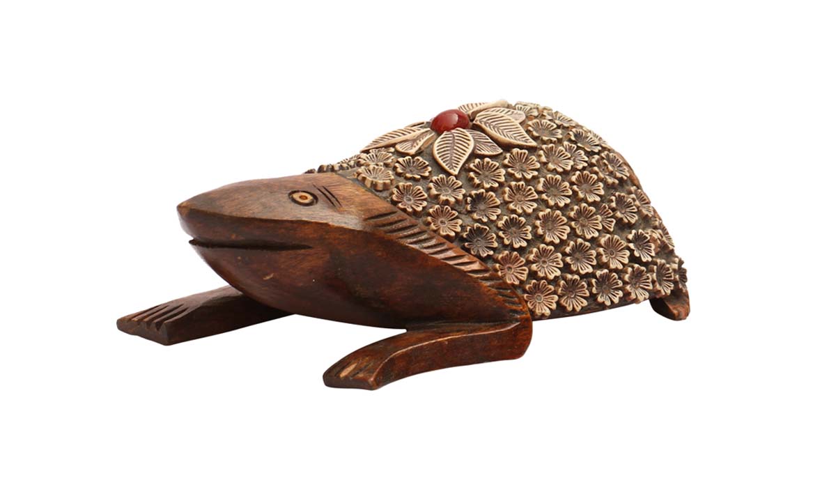 Wholesale 6” Frog Sculpture/Figurine in Bulk - Source Hand Carved Wood Frog Statue with Acrylic Inlay and Red Stone Work - Home & Office Decor from India