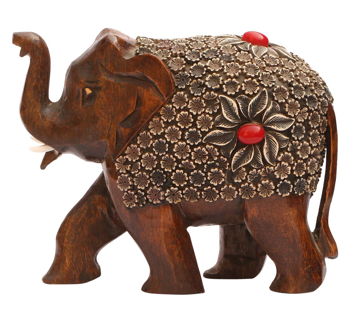 Bulk Source 4.4” Trunk-Up Elephant Figurine/Statue in Wholesale - Handmade Wood Elephant Sculpture Enhanced with Acrylic Inlay and Red Stone Work - Old Indian Art - Home & Office Decor