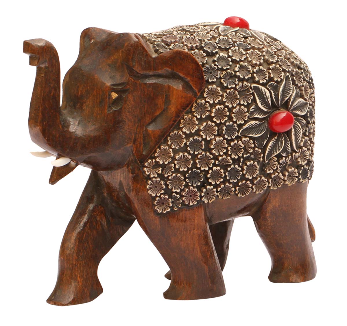 Wholesale 5” Trunk-Up Elephant Figurine/Statue in Bulk - Source Handmade Wood Elephant Sculpture Enhanced with Acrylic Inlay and Red Stone Work - Old Indian Art - Home & Office Decor