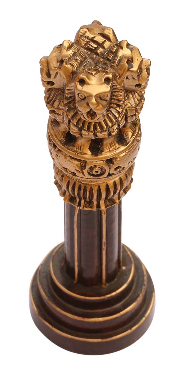 Wholesale 6” Ashoka Pillar/Indian National Emblem in Bulk - Source Hand Carved Wood Centerpiece/Decorative Showcase in Brown & Golden - Home/Table & Office Decor from India