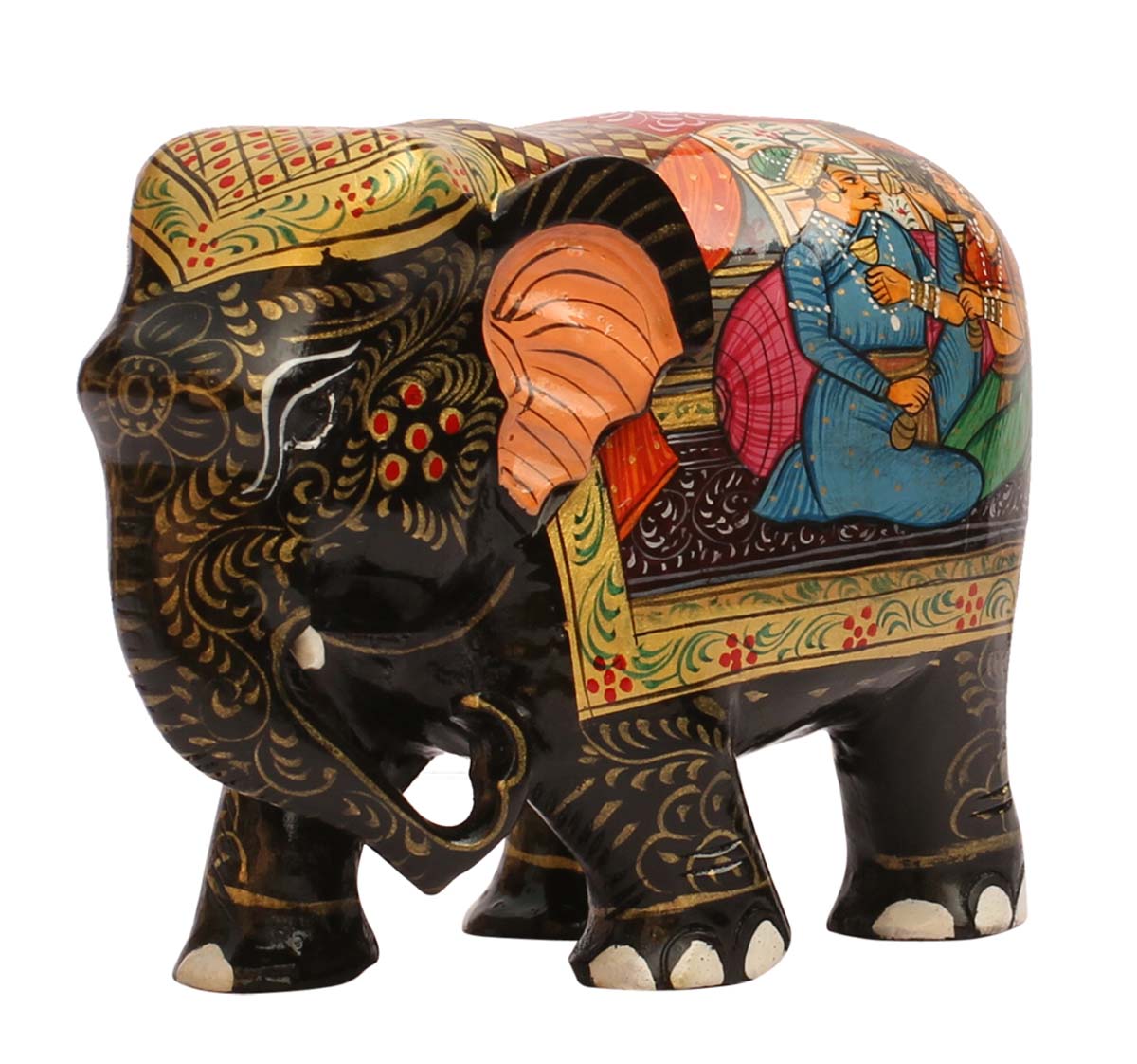 Wholesale 6.2” Elephant Figurine - Buy in Bulk Handcrafted Wood Elephant Figurine/Statue of with Bright Hand-Painted Stories of Indian Culture - Old Indian Art - Unique Animal Decor Sculpture
