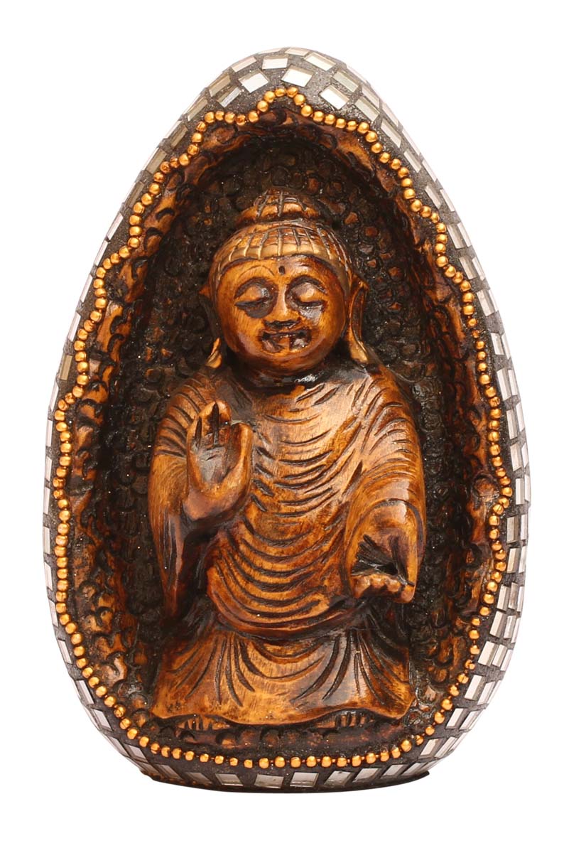 Wholesale 5” Lord Buddha Statue/Figurine - Bulk Buy Handcrafted Wood Buddha in Blessing Pose Sculpture Enhanced with Mirror Work from India