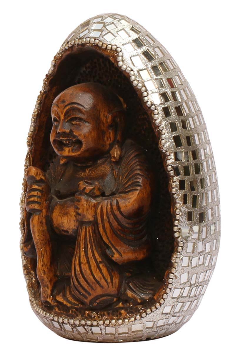 Wholesale 5” Laughing Buddha Statue/Figurine - Bulk Buy Handcrafted Wood Laughing Buddha Sculpture Enhanced with Mirror Work from India