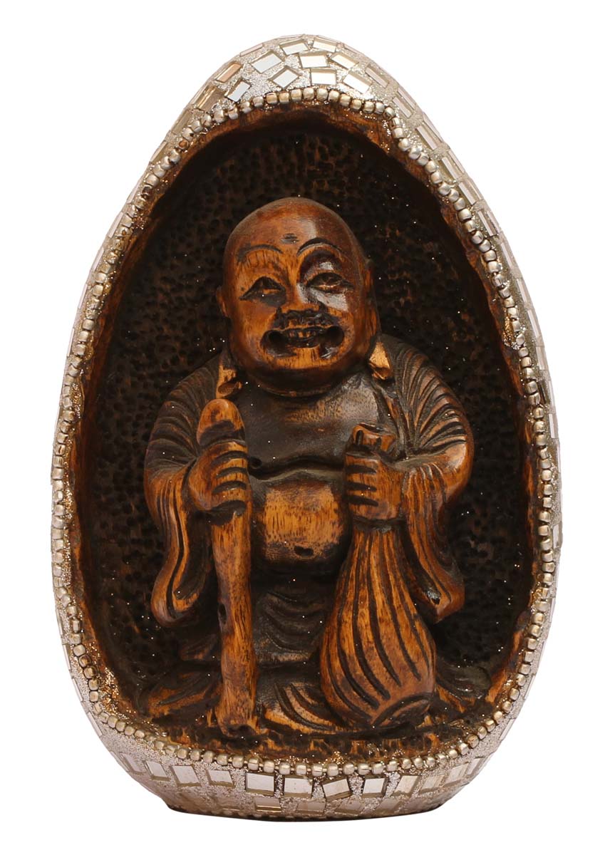 Wholesale 5” Laughing Buddha Statue/Figurine - Bulk Buy Handcrafted Wood Laughing Buddha Sculpture Enhanced with Mirror Work from India