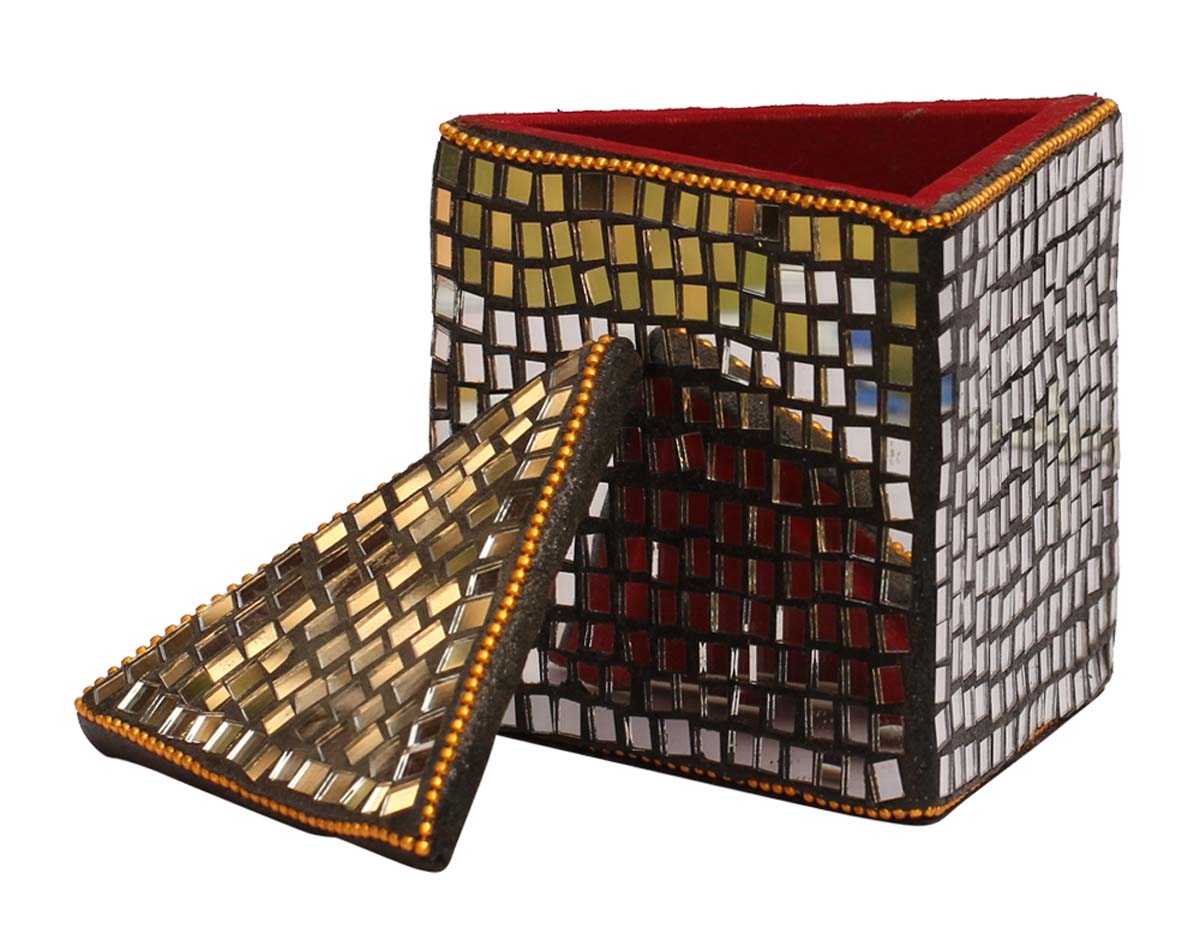Triangular-Shaped 4.2" Wooden Jewelry Box in Bulk - Wholesale Jewelry Box/Trinket Box in Wood Enhanced with Traditional Style Mirror Work - Jewelry Accessories from India