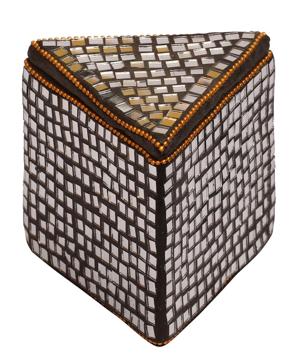 Triangular-Shaped 4.2" Wooden Jewelry Box in Bulk - Wholesale Jewelry Box/Trinket Box in Wood Enhanced with Traditional Style Mirror Work - Jewelry Accessories from India