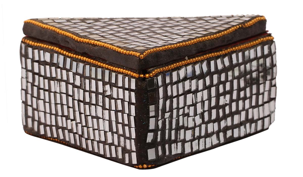 Source Triangular-Shaped 5" Wooden Jewelry Box in Bulk - Wholesale Jewelry Box/Trinket Box in Wood Enhanced with Traditional Style Mirror Work - Jewelry Accessories from India