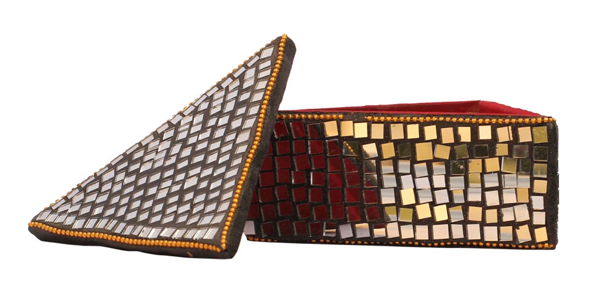 Source Triangular-Shaped 5" Wooden Jewelry Box in Bulk - Wholesale Jewelry Box/Trinket Box in Wood Enhanced with Traditional Style Mirror Work - Jewelry Accessories from India