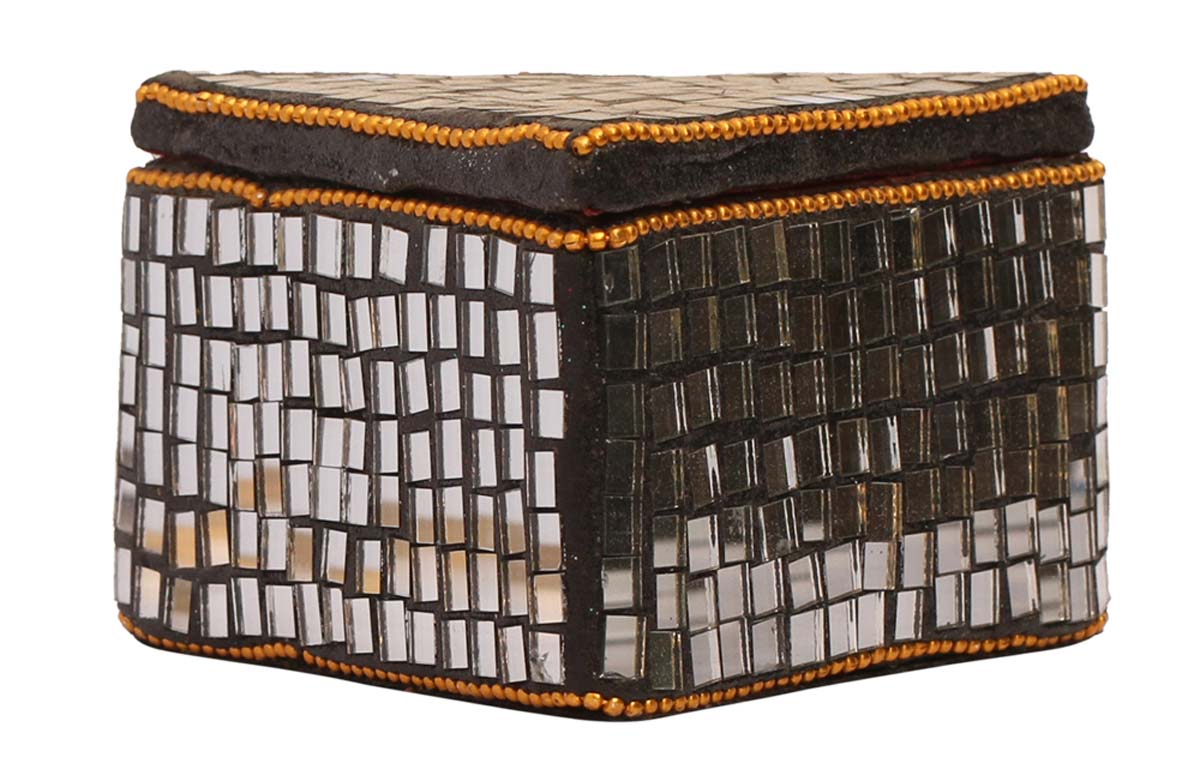 Triangular-Shaped 4" Wooden Jewelry Box in Bulk - Wholesale Jewelry Box/Trinket Box in Wood Enhanced with Traditional Style Mirror Work - Jewelry Accessories from India