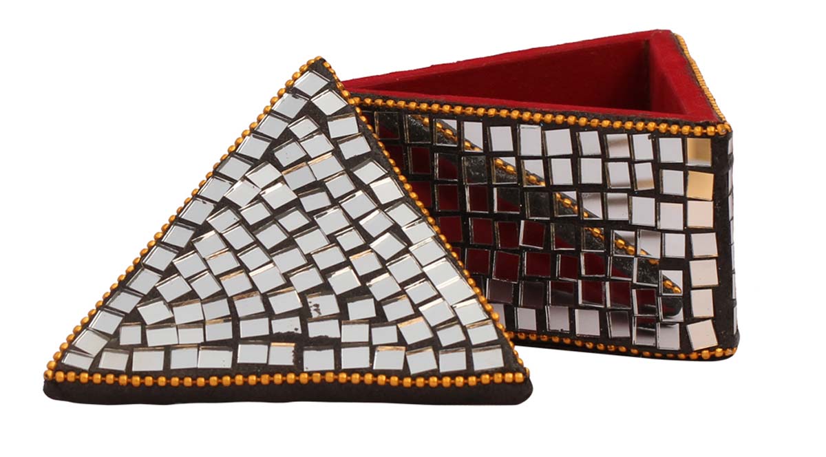 Triangular-Shaped 4" Wooden Jewelry Box in Bulk - Wholesale Jewelry Box/Trinket Box in Wood Enhanced with Traditional Style Mirror Work - Jewelry Accessories from India