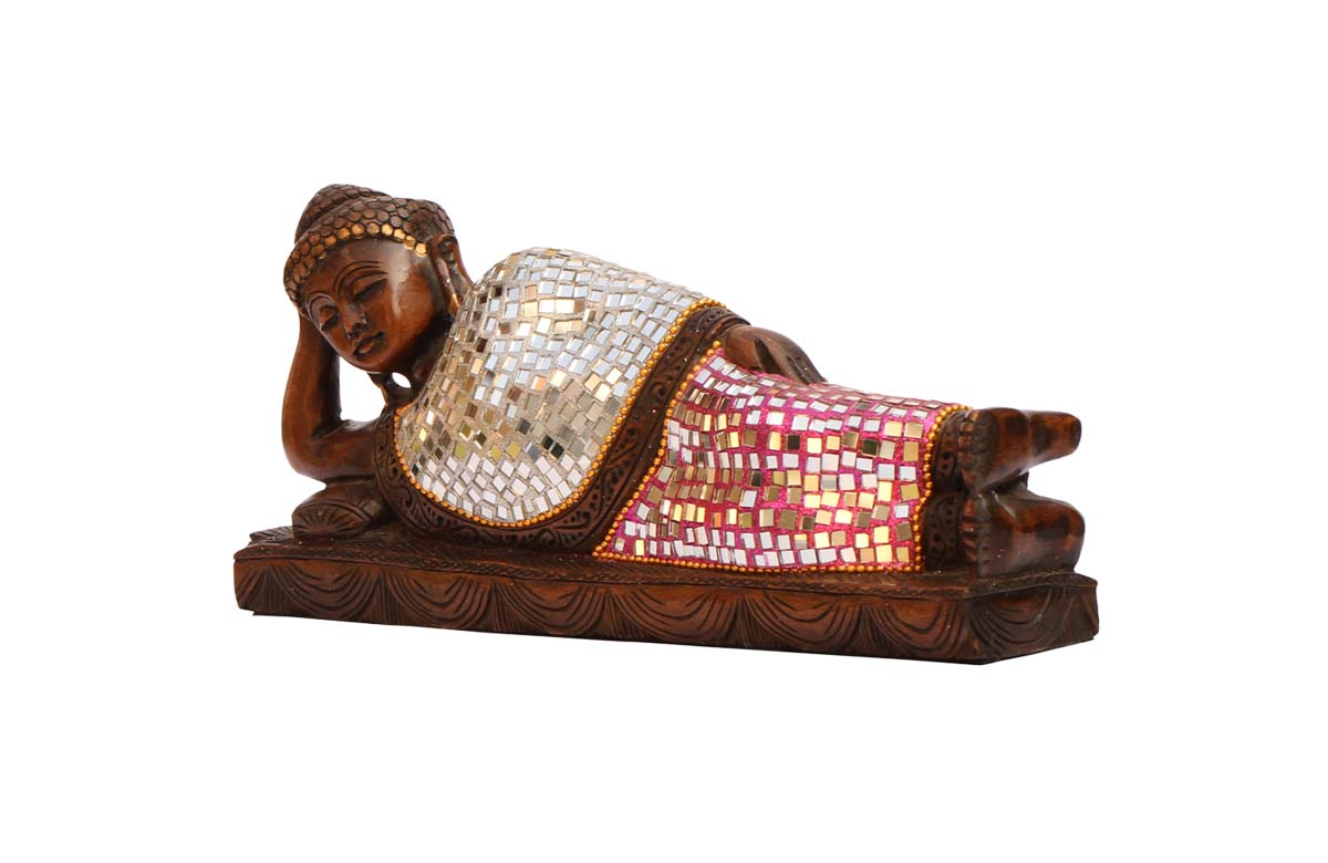 Wholesale 15” Lord Buddha Statue/Figurine - Bulk Buy Handcrafted Wood Sleeping Buddha in Nirvana Mudra Sculpture Enhanced with Traditional Style Pink & White Mirror Work from India