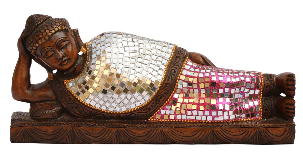 Wholesale 15” Lord Buddha Statue/Figurine - Bulk Buy Handcrafted Wood Sleeping Buddha in Nirvana Mudra Sculpture Enhanced with Traditional Style Pink & White Mirror Work from India