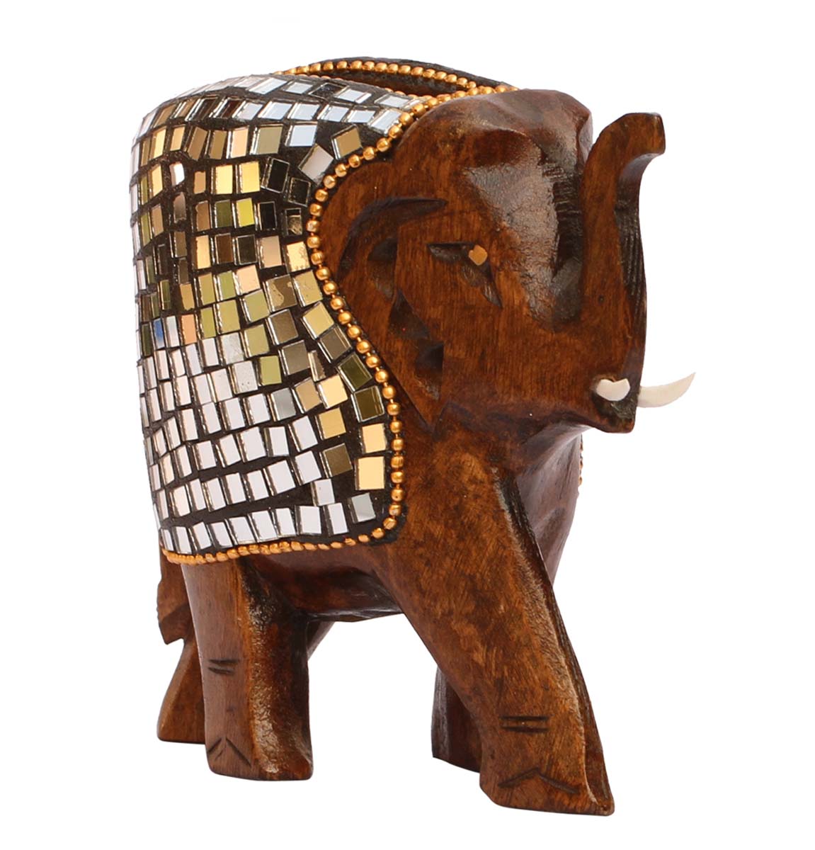 Bulk Wholesale Handcrafted 4.2" Eucalyptus Wood Card Holder / Mail Holder in Elephant Shape Enhanced with Traditional Style Mirror Work – Antique-Look Home Décor / Desk Organizer from India