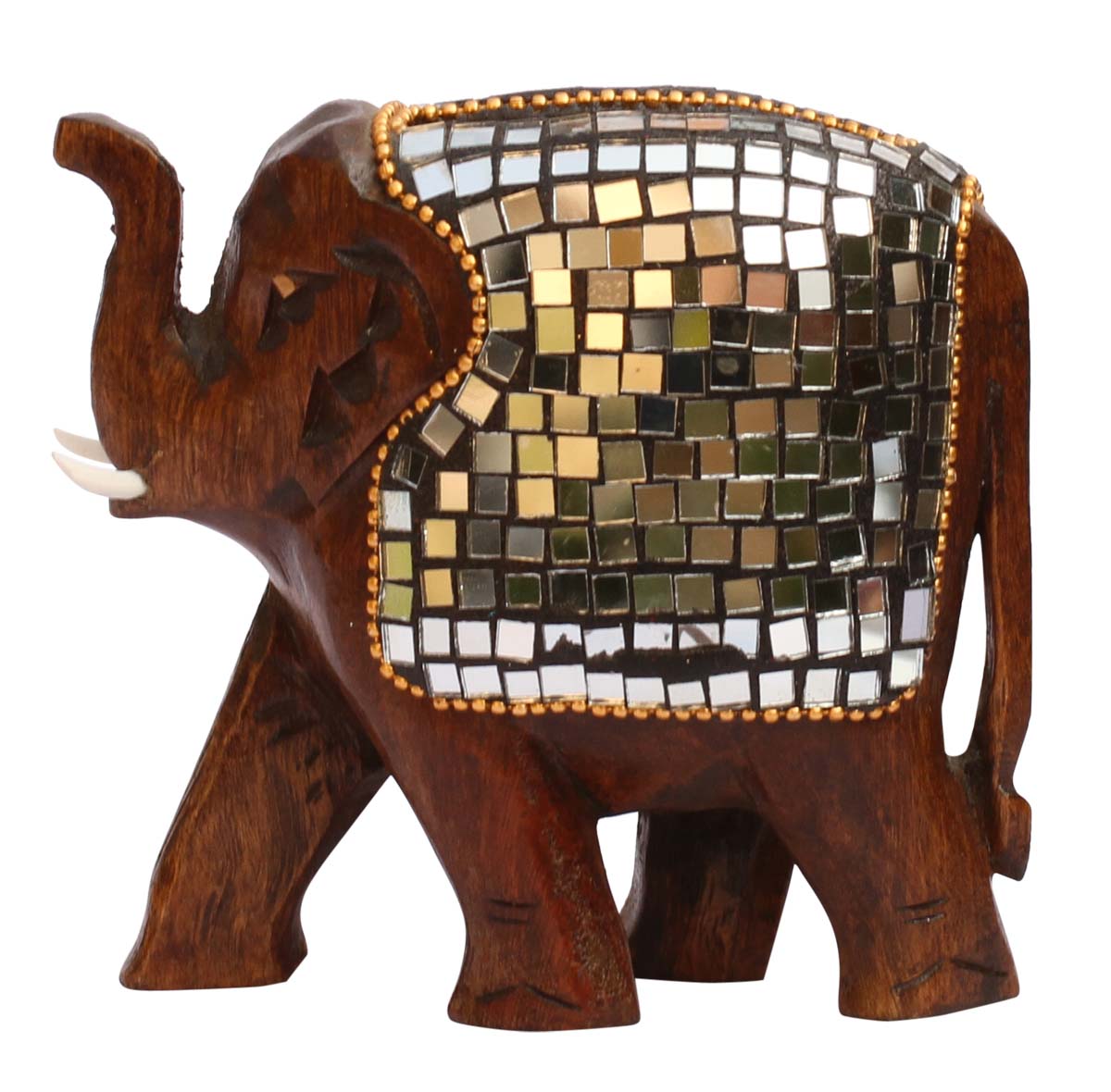 Bulk Wholesale Handcrafted 4.2" Eucalyptus Wood Card Holder / Mail Holder in Elephant Shape Enhanced with Traditional Style Mirror Work – Antique-Look Home Décor / Desk Organizer from India