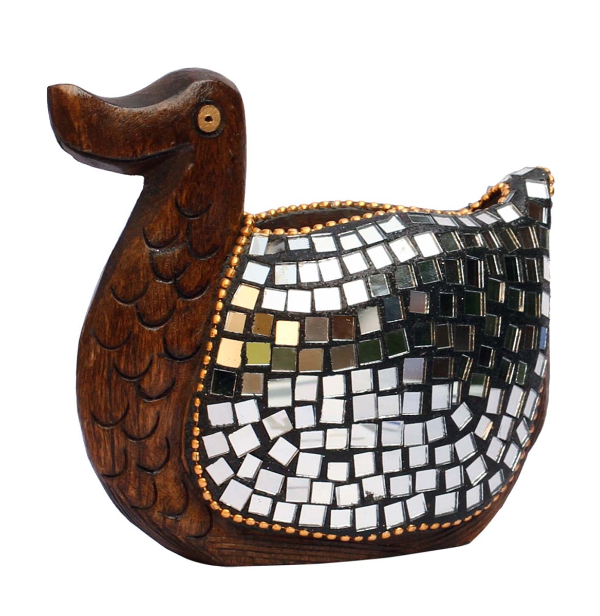 Bulk Wholesale Handcrafted Eucalyptus Wood Card Holder / Mail Holder in Duck Shape Enhanced with Traditional Style Mirror Work – Antique-Look Home Décor / Desk Organizer from India
