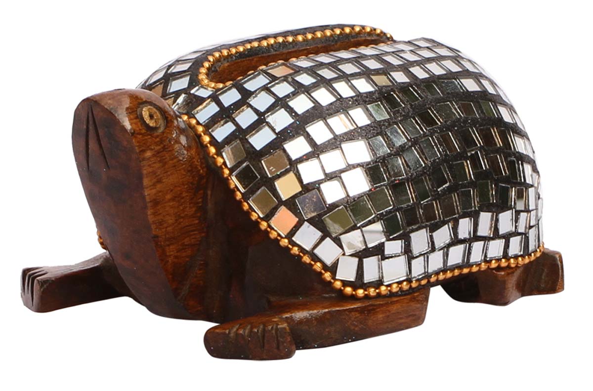 Bulk Wholesale Handcrafted Eucalyptus Wood Card Holder / Mail Holder in Tortoise Shape Enhanced with Traditional Style Mirror Work – Antique-Look Home Décor / Desk Organizer from India