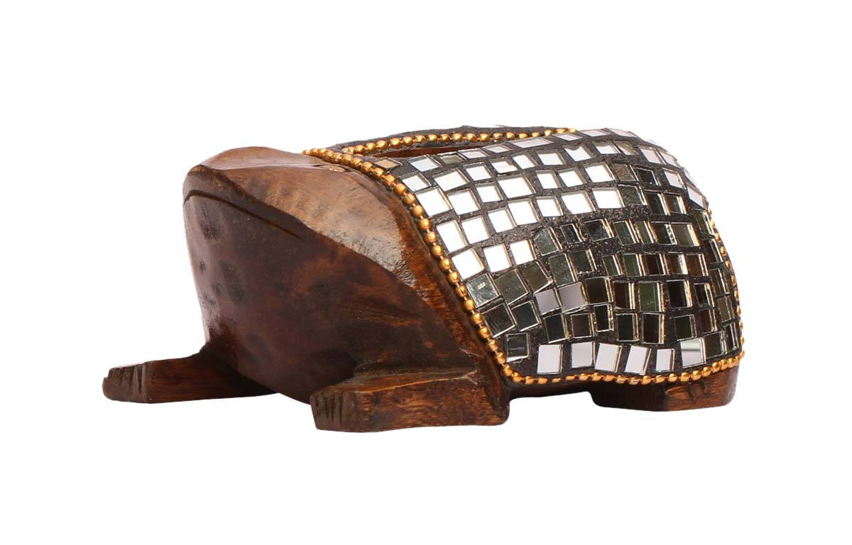 Bulk Wholesale Handcrafted Eucalyptus Wood Card Holder / Mail Holder in Frog Shape Enhanced with Traditional Style Mirror Work – Antique-Look Home Décor / Desk Organizer from India