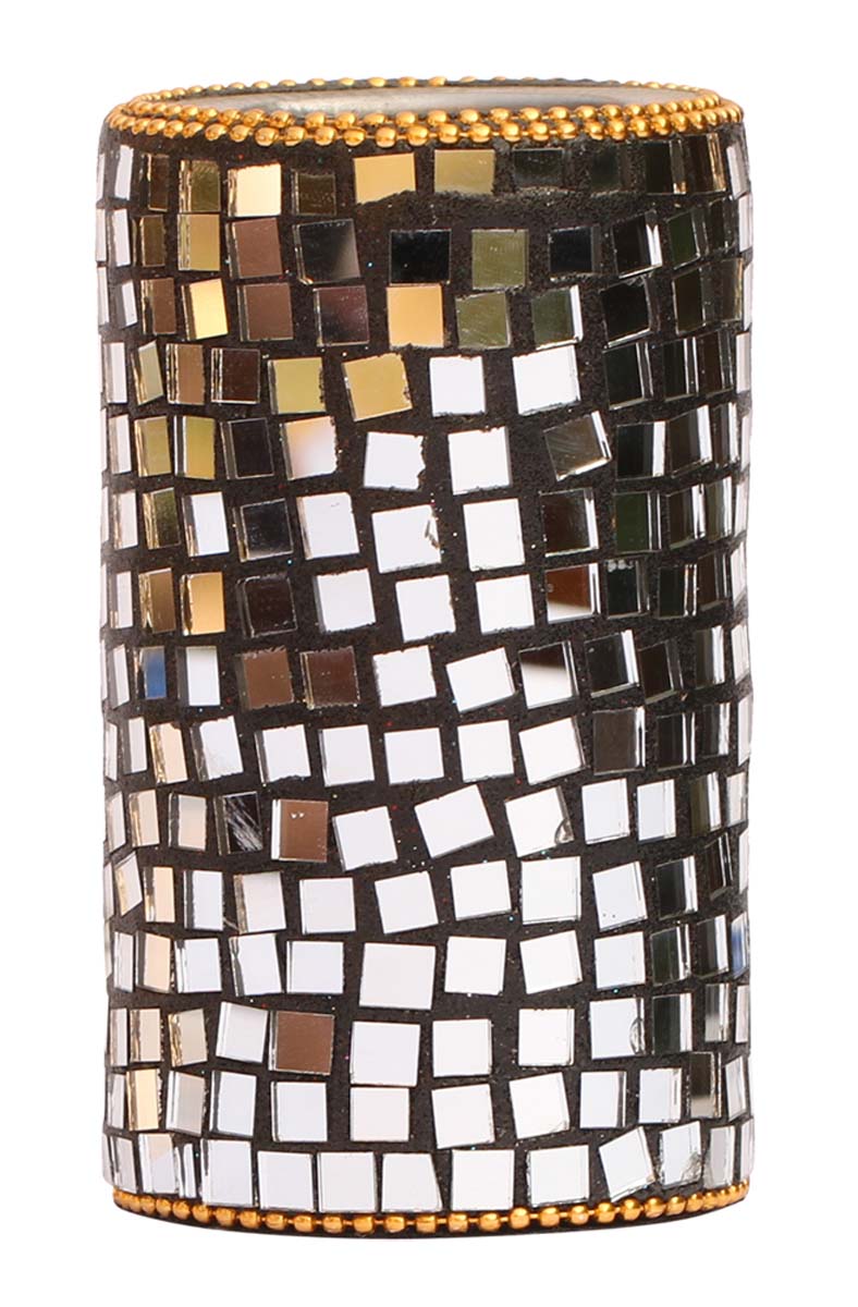 Bulk Wholesale Handcrafted 4” Eucalyptus Wood Tea-Light Holder in Cylindrical Shape Enhanced with Traditional Style Mirror Work – Antique-Look Home Décor from India