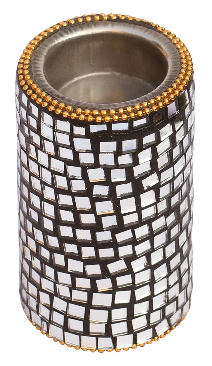 Bulk Wholesale Handcrafted 4” Eucalyptus Wood Tea-Light Holder in Cylindrical Shape Enhanced with Traditional Style Mirror Work – Antique-Look Home Décor from India