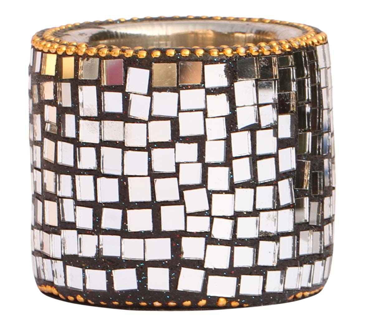 Bulk Wholesale Handcrafted 2.4” Eucalyptus Wood Tea-Light Holder in Cylindrical Shape Enhanced with Traditional Style Mirror Work – Antique-Look Home Décor from India