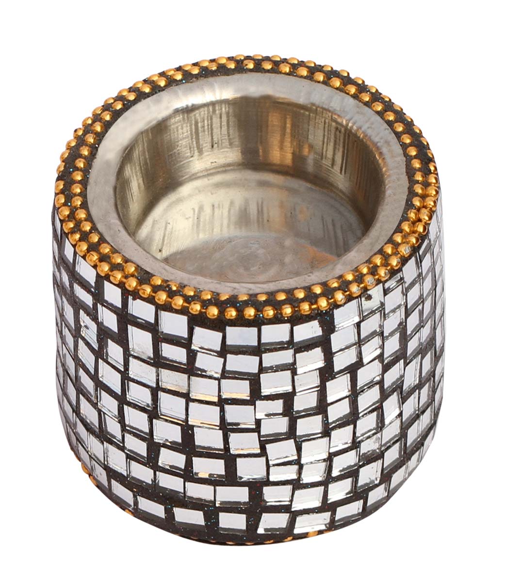 Bulk Wholesale Handcrafted 2.4” Eucalyptus Wood Tea-Light Holder in Cylindrical Shape Enhanced with Traditional Style Mirror Work – Antique-Look Home Décor from India