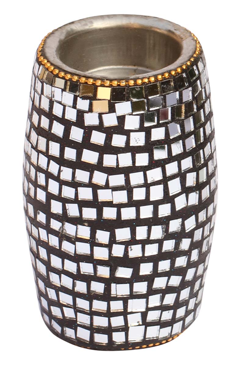 Bulk Wholesale Handcrafted 6” Eucalyptus Wood Tea-Light Holder in Convex Shape Enhanced with Traditional Style Mirror Work – Antique-Look Home Décor from India