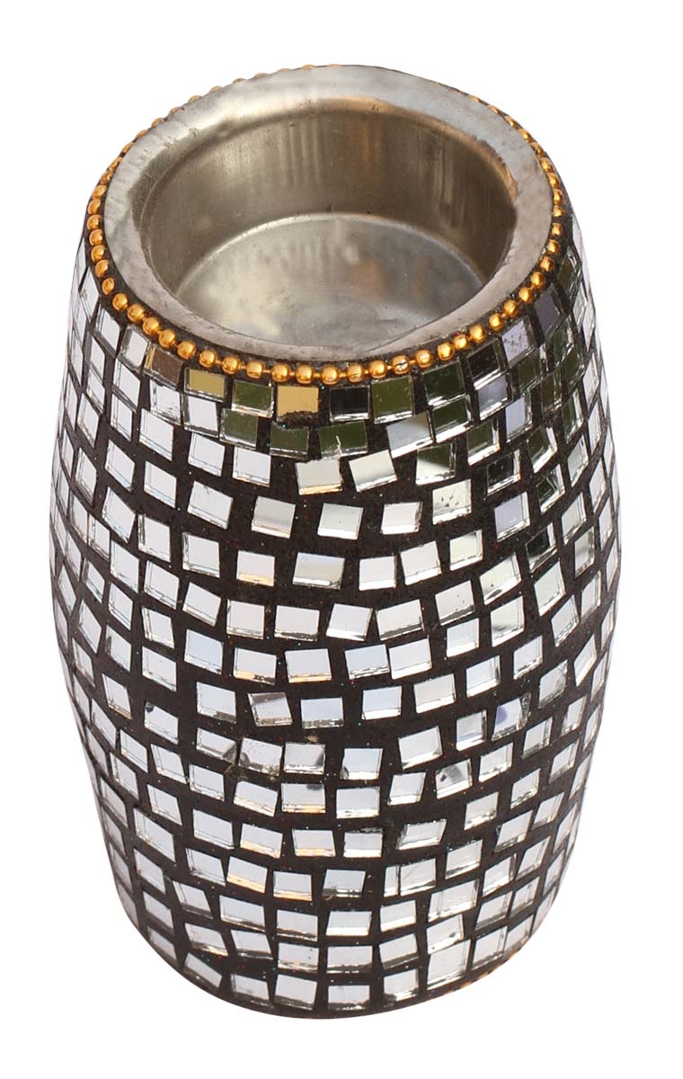 Bulk Wholesale Handcrafted 6” Eucalyptus Wood Tea-Light Holder in Convex Shape Enhanced with Traditional Style Mirror Work – Antique-Look Home Décor from India