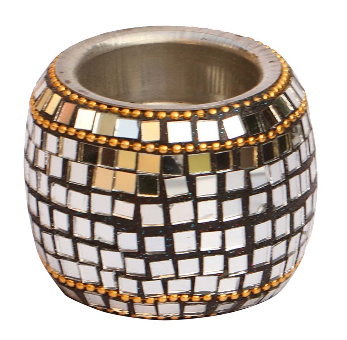 Bulk Wholesale Handcrafted 2.4” Wood Tea-Light Holder with Mirror Work – Antique-Look Home Décor from India