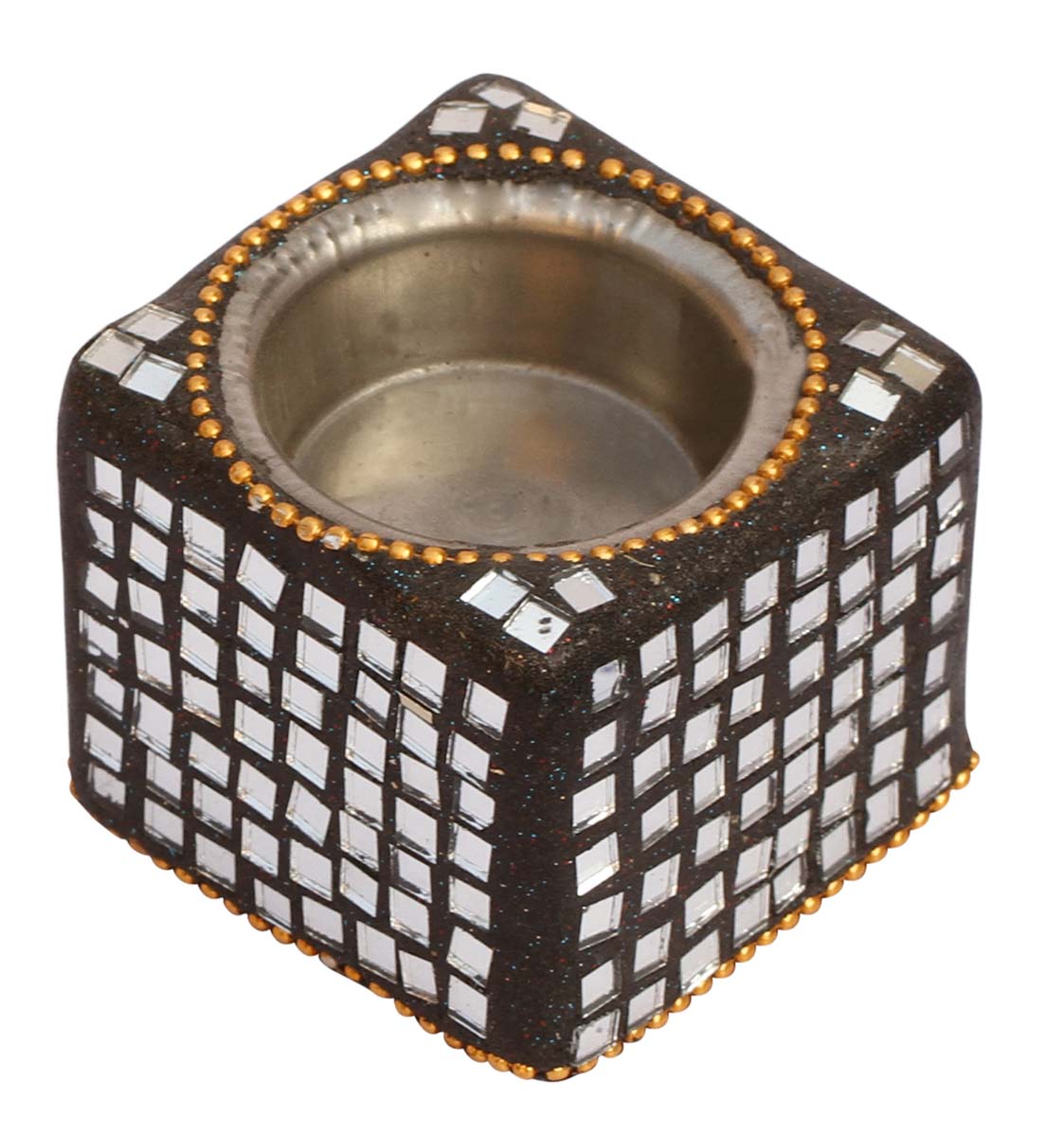 Bulk Wholesale Handcrafted 2.3” Eucalyptus Wood Tea-Light Holder in Square Shape Enhanced with Traditional Style Mirror Work – Antique-Look Home Décor from India