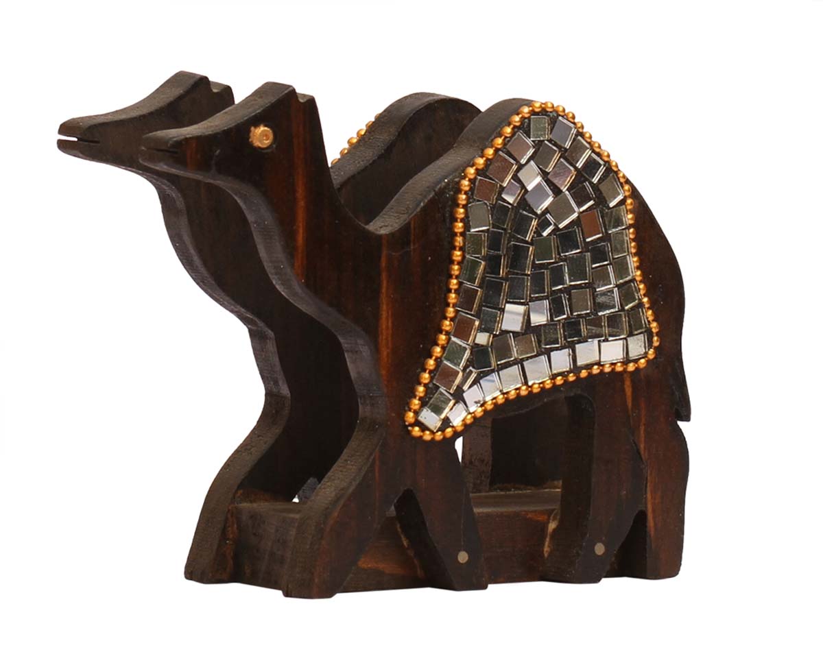 Bulk Wholesale Wood Napkin Holder in Camel Shape Enhanced Handcrafted 4” with Traditional Style Mirror Work - Antique-Look Home Decor/Dining Essentials from India