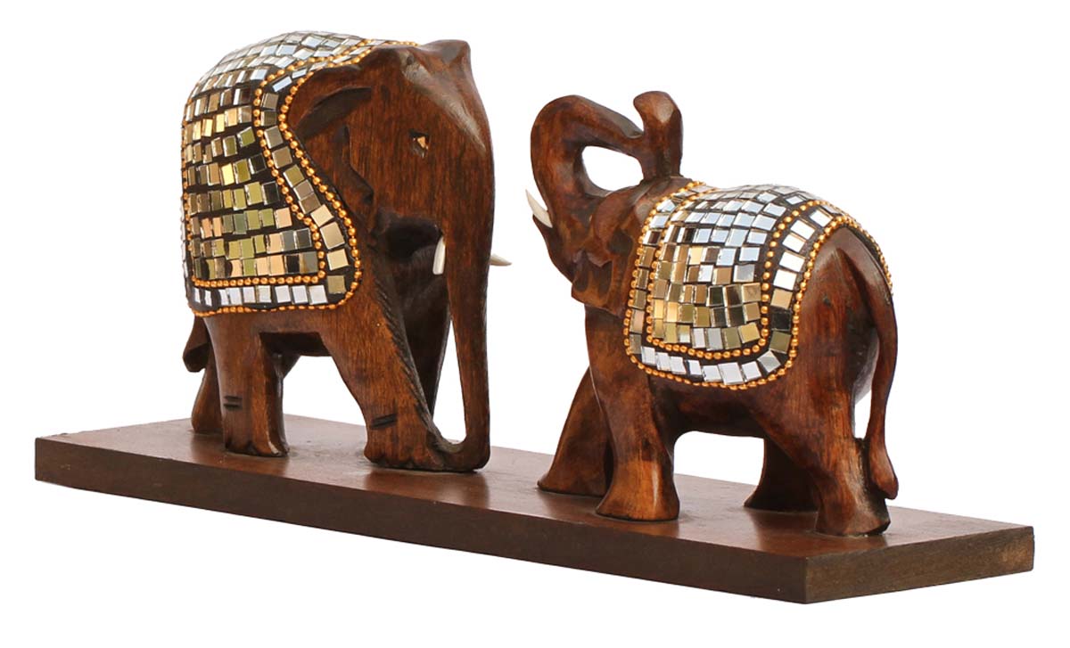Wholesale 10.2” ‘2 Elephants’ Statue/Figurine - Bulk Buy Handcrafted Wood Decoration-Piece of 2 Elephants on a Slab Sculpture Enhanced with Traditional Style Pink & White Mirror Work from India
