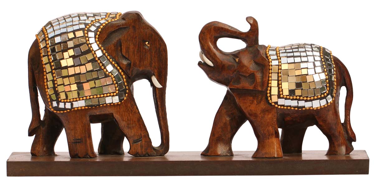 Wholesale 10.2” ‘2 Elephants’ Statue/Figurine - Bulk Buy Handcrafted Wood Decoration-Piece of 2 Elephants on a Slab Sculpture Enhanced with Traditional Style Pink & White Mirror Work from India