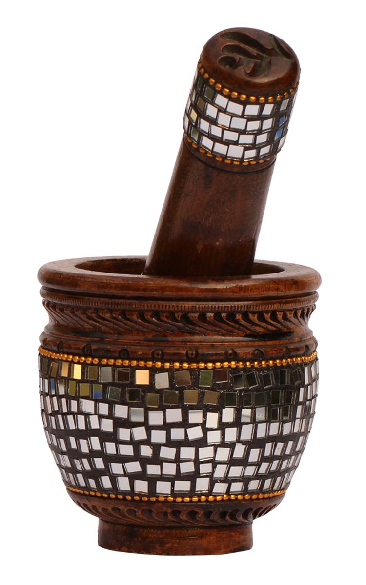 Bulk Wholesale Hand-Carved 3.4” Eucalyptus Wood Mortar & Pestle Set Enhanced with Traditional Style Mirror Work – Antique-Look Home Décor / Kitchen Essentials from India
