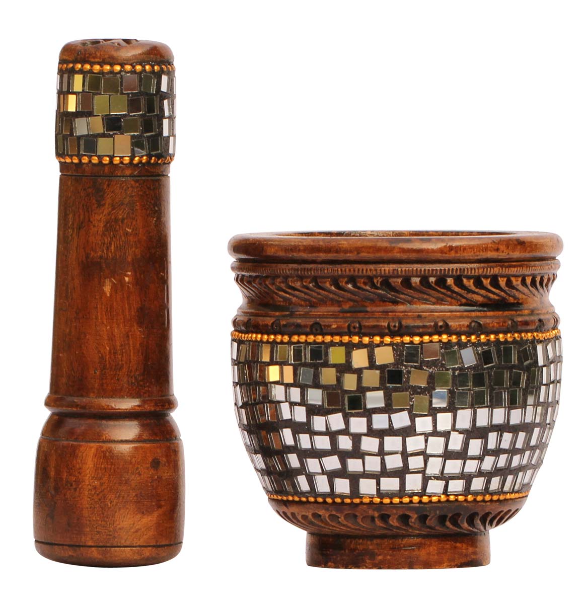 Bulk Wholesale Hand-Carved 3.4” Eucalyptus Wood Mortar & Pestle Set Enhanced with Traditional Style Mirror Work – Antique-Look Home Décor / Kitchen Essentials from India