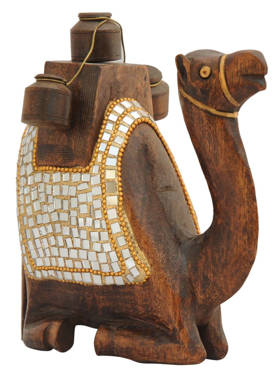 Bulk Wholesale Camel Sculpture in Wood – Hand-Crafted 7” Animal Statue / Figurine Carrying Earthen Pots – Artifact with Mirror and Beads’ Work – Rich-Look Home Décor from India